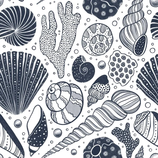 Seamless Pattern Beautiful Seashells Corals Pearls Ocean Background — Stock Photo, Image