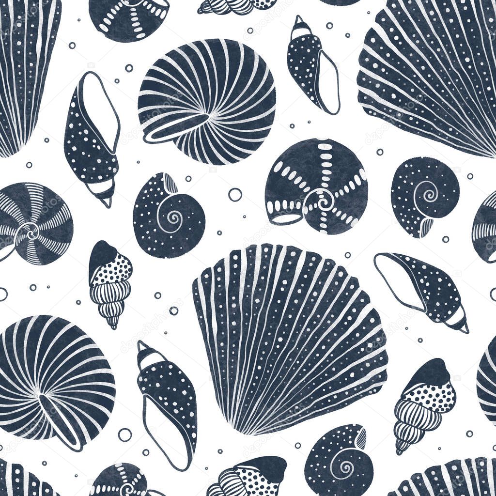 Seamless pattern with beautiful seashells, corals and pearls. Ocean background.