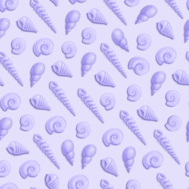 Lavanta arka planında deniz kabukları olan kusursuz bir desen. Okyanus arkaplanı.
