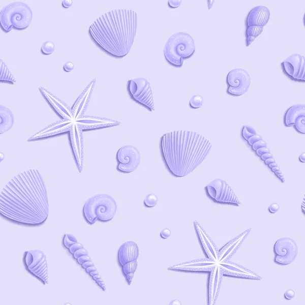 Seamless Pattern Beautiful Seashells Starfish Pearls Lavender Background Ocean Background — Stock Photo, Image