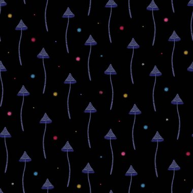 Kusursuz desenli lavanta işlemeli mantarlar ve siyah arka planda noktalar..