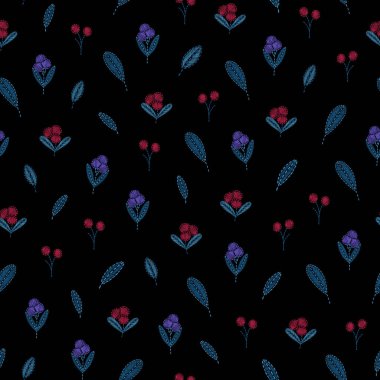 İşlenmiş böğürtlen ve siyah arka planda yapraklarla kusursuz desen..