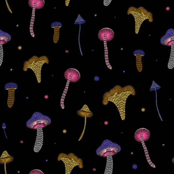 Seamless Pattern Colourful Embroidered Mushrooms Dots Black Background — Stock Photo, Image