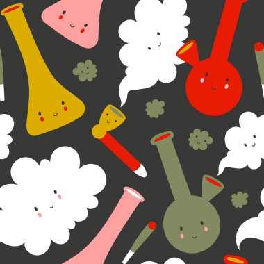 Tatlı kawaii araçları ile kusursuz desen marihuana içmek ve yeşil arka planda tomurcuklar.