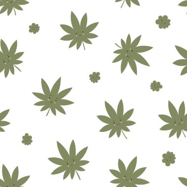 Beyaz arka planda sevimli kawaii kenevir yaprakları ve tomurcukları olan kusursuz desen.