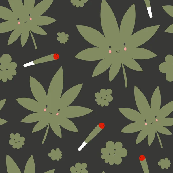 Patrón Sin Costuras Con Lindas Hojas Cannabis Kawaii Articulaciones Brotes —  Fotos de Stock
