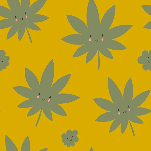 Seamless Pattern Cute Kawaii Cannabis Leaves Buds Yellow Background — Stock Photo, Image