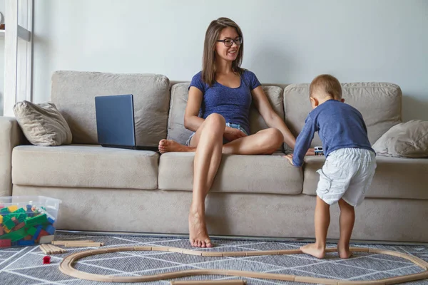 Little Kid Boy His Mother Playing Together Sitting Sofa — Stock Photo, Image