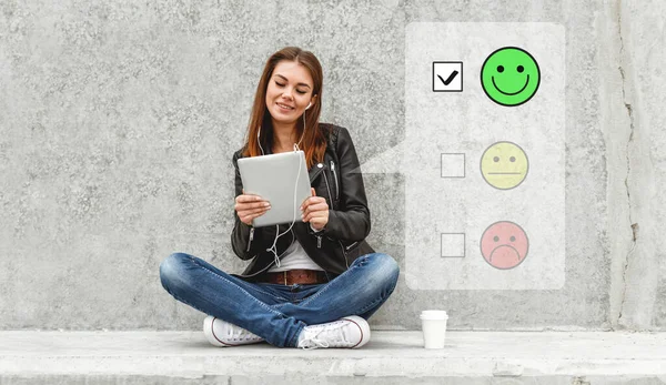 Online customer service satisfaction survey with checkbox on phone. Customer experience concept.
