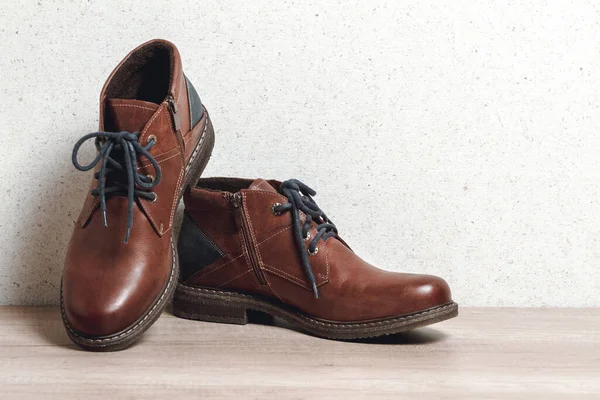 Brutal Men Winter Leather Boots Blue Laces Wooden Floor — Stock Photo, Image