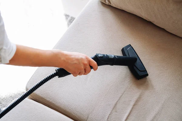 Hand cleaning a sofa with a steam cleaner, Home cleaning concept.