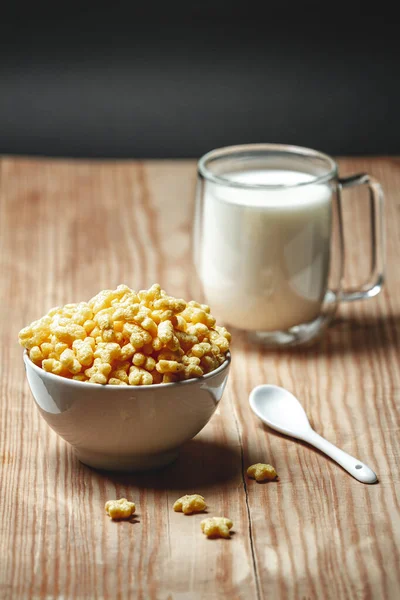 Bowl Quick Breakfast Cereal Glass Milk — Stock Photo, Image