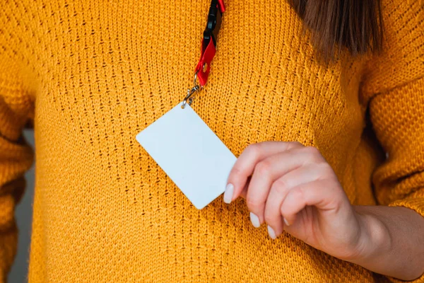 Woman Holding Badge Name Tag Blank Space Mock — Stock Photo, Image