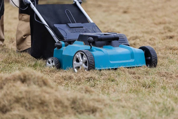 Scarifying Trawnik Scarifier Człowiek Ogrodnik Scarifies Trawnik Usuwanie Starej Trawy — Zdjęcie stockowe