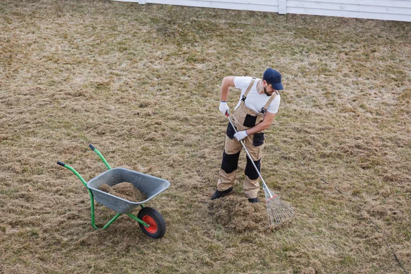 Ijesztő Gyep Egy Gereblyével Gyepszellőztetővel Man Kertész Tisztítja Gyepet Eltávolítja — Stock Fotó