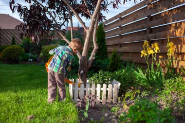 Child watering can watering a tree in garden in the backyard