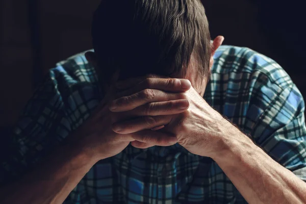 Depressed Elderly Man Covers His Face His Hands Alzheimer Disease — ストック写真