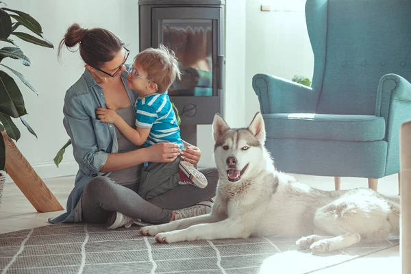 Mom Child Have Fun Play Dog Home — Stock Photo, Image