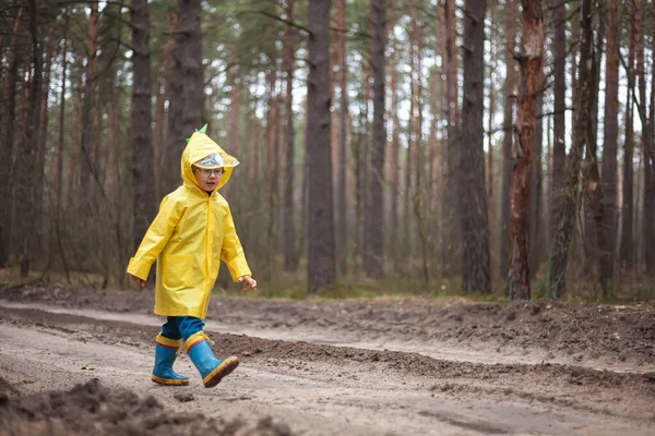 Child in the yellow raincoat walks in the forest and has fun