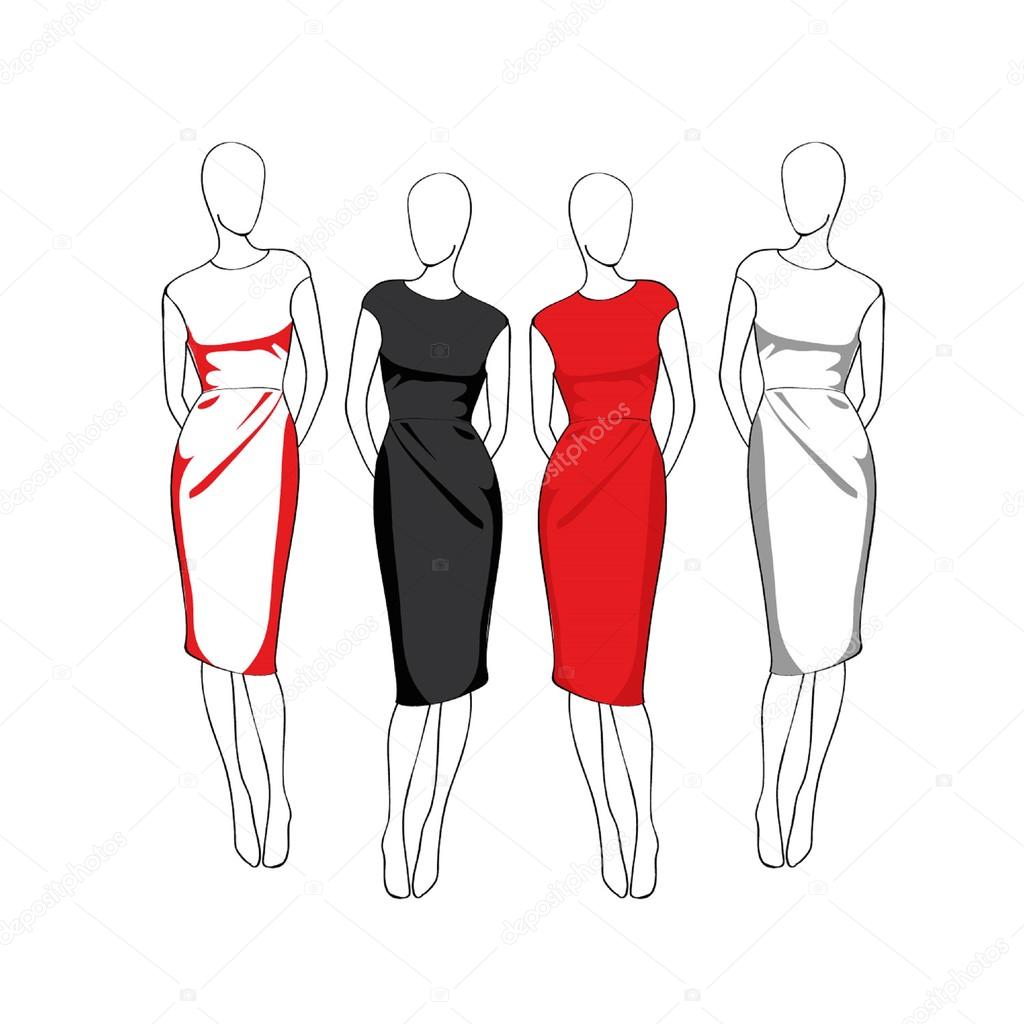 Girl models in dresses. The silhouette of the girl vector illustration.