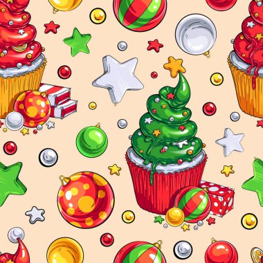 Noel Tatlıları ve Öznitelikleri vektörsüz desen. Tekstil, grafik ve web tasarımı, posterler, paket, tebrik kartları, davetiyeler ve her türlü geçmiş için. Noel ve Yeni Yıl Tasarımı