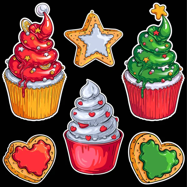 黒の背景にクリスマスデザートのベクトルセット サンタの帽子 クリスマスツリー ハートカップケーキ クリスマス 食品や他のパーティーのデザインのためのクッキーのカラフルなイラスト — ストックベクタ