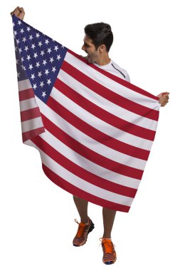 Amerika bayrağı tutarak fan beyaz arka plan üzerinde kutluyor