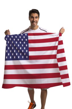 Amerika bayrağı tutarak fan beyaz arka plan üzerinde kutluyor