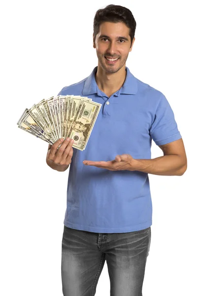 Uomo che detiene / mostra banconote in Dollaro — Foto Stock