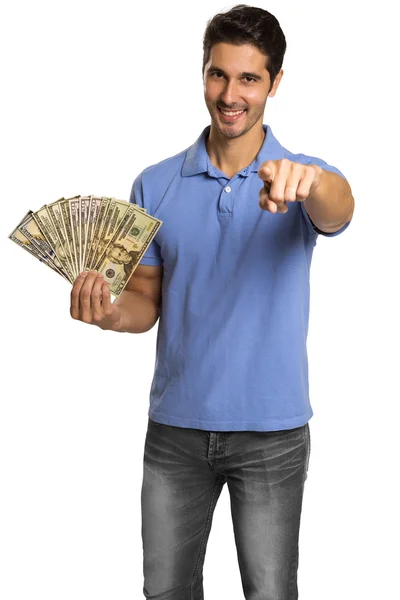 Homme tenant / montrant des billets en dollars — Photo
