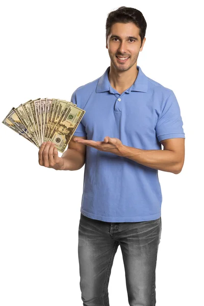 Uomo che detiene / mostra banconote in Dollaro — Foto Stock