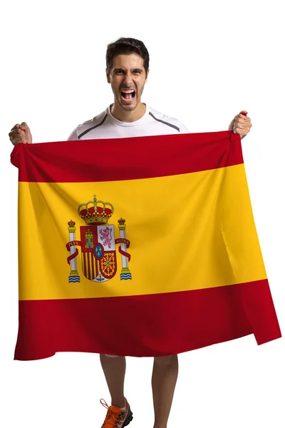 Fã segurando a bandeira da Espanha celebra — Fotografia de Stock