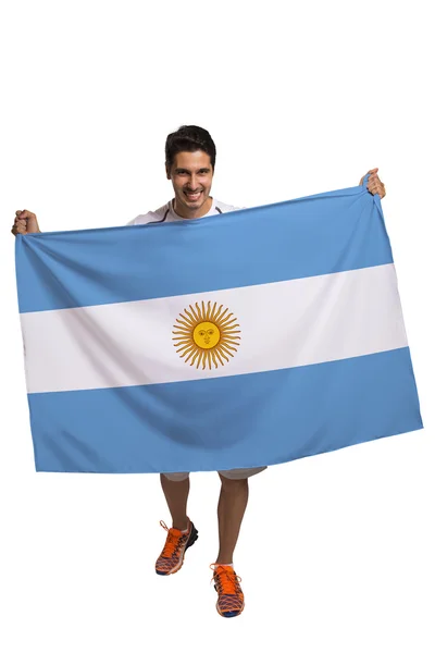 Entuzjasta trzyma flagę Argentyny świętuje — Zdjęcie stockowe