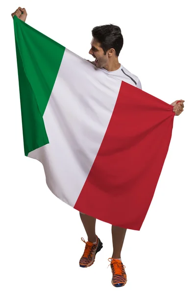 Ventilator die de vlag van Italië viert op witte achtergrond — Stockfoto