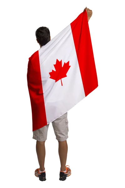 Канадский фанат празднует на белом фоне — стоковое фото