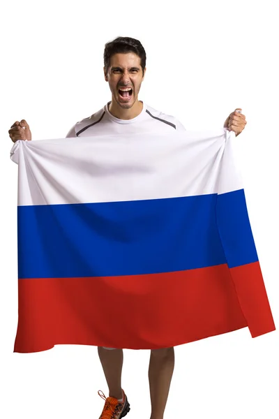 Abanico sosteniendo la bandera de Rusia celebra sobre fondo blanco —  Fotos de Stock