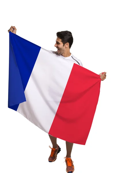 Ανεμιστήρας κρατά τη σημαία της Γαλλίας γιορτάζει σε άσπρο φόντο — Φωτογραφία Αρχείου