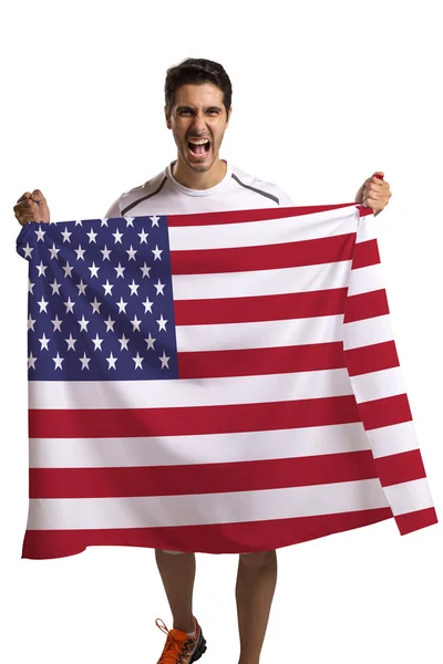 Ventilator die de vlag van Amerika viert op witte achtergrond — Stockfoto