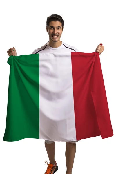 Fan holding the flag of Italy celebrates on white background — Stock Photo, Image