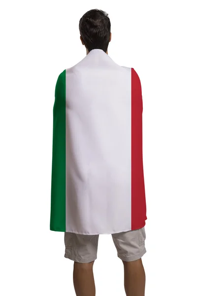 Вентилятор тримає прапор Італії святкує на білому тлі — стокове фото