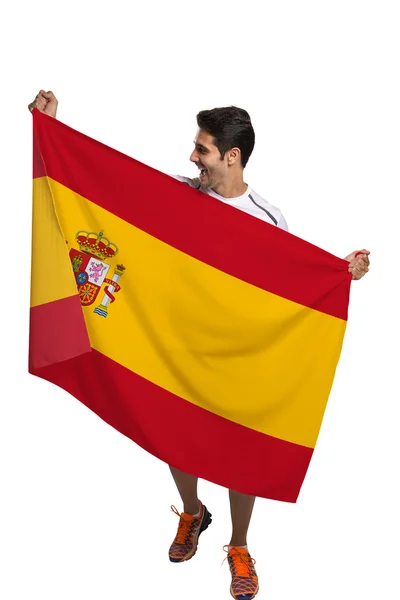 Entuzjasta trzyma flagę Hiszpanii świętuje — Zdjęcie stockowe