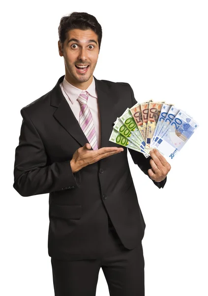ビジネスの男性がお金を入れる/ユーロ — ストック写真