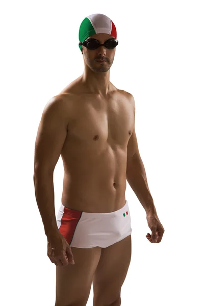 Portret van man in zwembroek; professionele zwemmer met Italiaans — Stockfoto