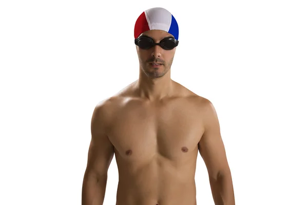 Retrato de homem de maiô; nadador profissional com americano — Fotografia de Stock