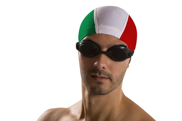 Porträt eines Mannes im Badeanzug; professioneller Schwimmer mit italienischem — Stockfoto