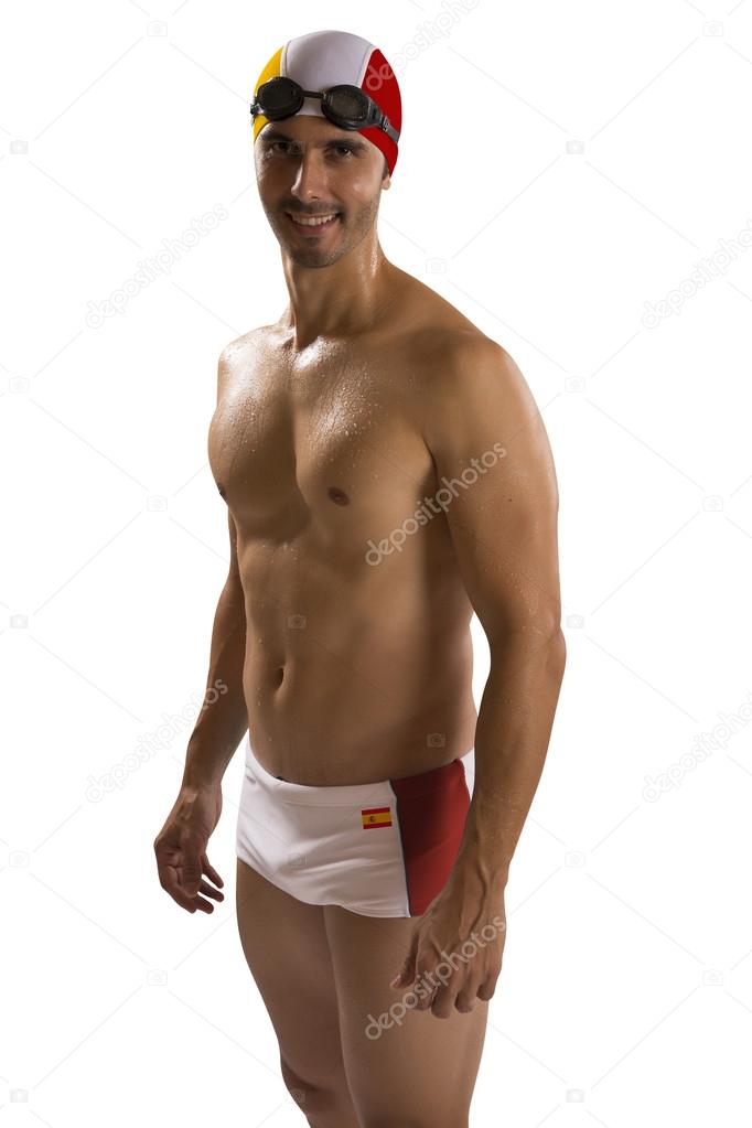 Ritratto di uomo in costume da bagno; nuotatore professionista con ... Ritratto di uomo in costume da bagno; nuotatore professionista con ...