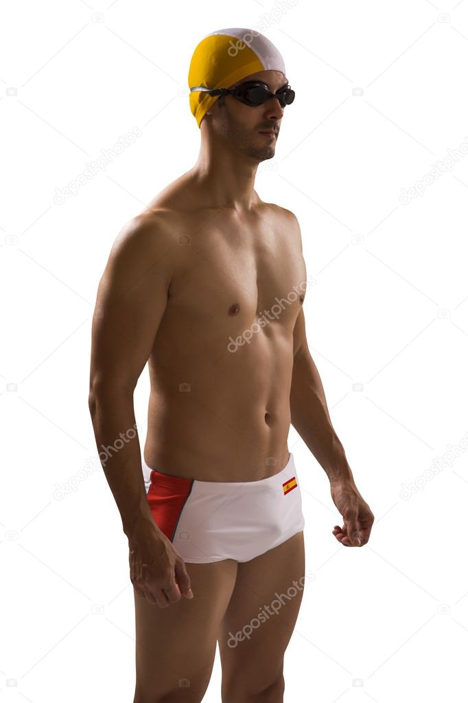 Ritratto di uomo in costume da bagno; nuotatore professionista con ... Ritratto di uomo in costume da bagno; nuotatore professionista con ...
