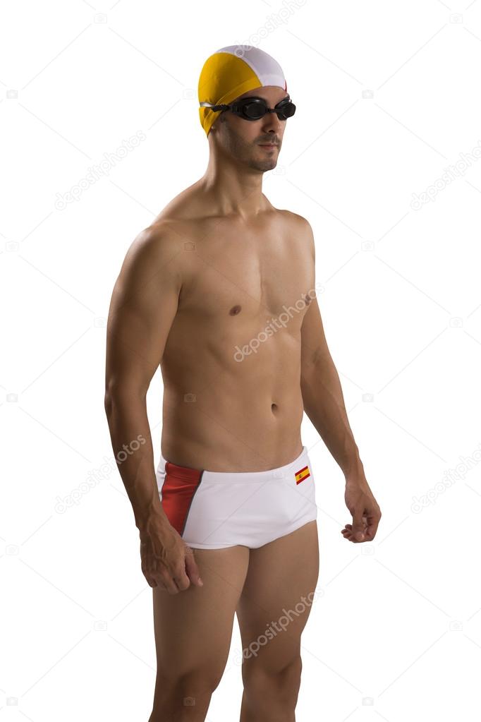 Ritratto di uomo in costume da bagno; nuotatore professionista con ... Ritratto di uomo in costume da bagno; nuotatore professionista con ...