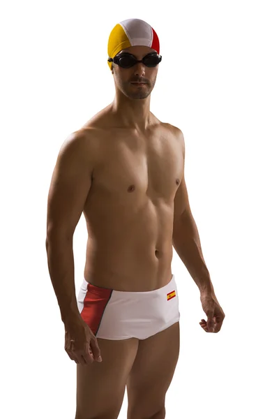 Portret van man in zwembroek; professionele zwemmer met Spaans — Stockfoto