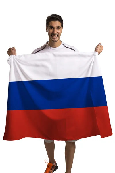 Fã segurando a bandeira da Rússia celebra no fundo branco — Fotografia de Stock